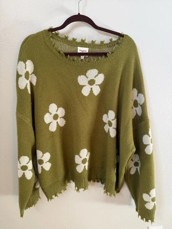 Hayden Green Floral Distressed Sweater - Picture 1 of 4